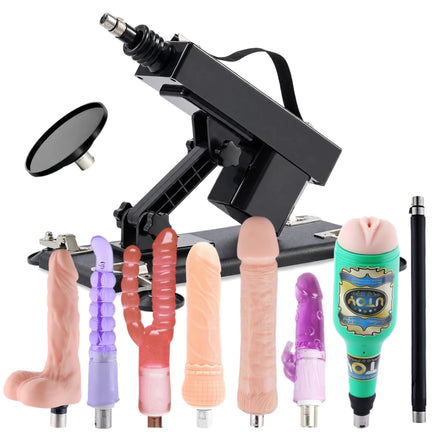 Sexlovey A2 thrusting sex machine with 9 attachments, including suction cup adapter, male masturbator cup, silicone dildos, anal plugs and extension rod