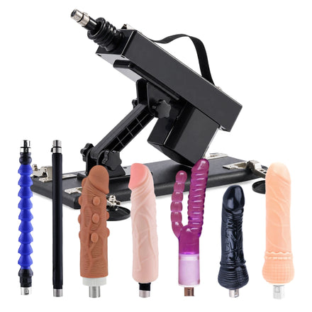 Sexlovey A2 thrusting sex machine with 7 attachments, including 5 different dildos, straight extension rod and flexible extension rod