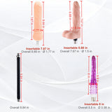 Size chart showing lengths and diameters of three A2 Pro Max dildo attachments and the length of the extension rod.
