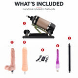 A2 Pro Max bundle contents: sex machine, three dildo attachments, extension rod and wired speed controller.