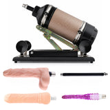 A2 Pro Max thrusting sex machine with three dildo attachments and an extension rod on a white background.