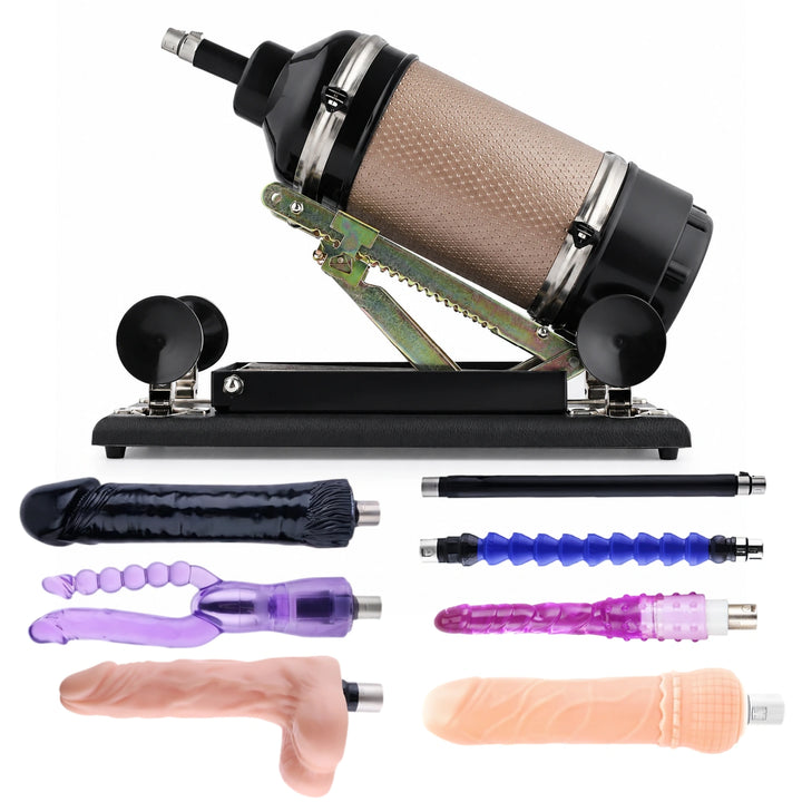 Sexlovey A2 Pro Max thrusting sex machine with 7 attachments, including five interchangeable heads and two extension rods.