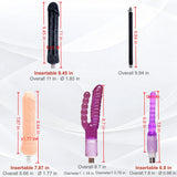 Pink A2 sex machine attachment size chart showing black dildo, standard dildo, double-ended dildo, anal plug and extension rod