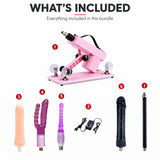 What's included in the Pink A2 sex machine bundle: machine, speed controller, black dildo, standard dildo, double-ended dildo, anal plug and extension rod
