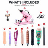 What's included in the Pink A2 sex machine bundle: pink machine, wired power controller, phone holder, six dildo attachments, male masturbator cup and extension rod.