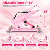 Pink A2 sex machine showing 0 to 85 degree angle adjustment and illustrated positioning options
