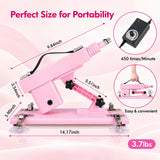 Pink A2 sex machine dimensions and weight infographic with adjustable frame, speed controller and carrying handle