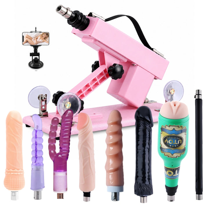 Pink A2 thrusting sex machine with 9 attachments, including six dildo attachments, a male masturbator cup, extension rod and phone holder.
