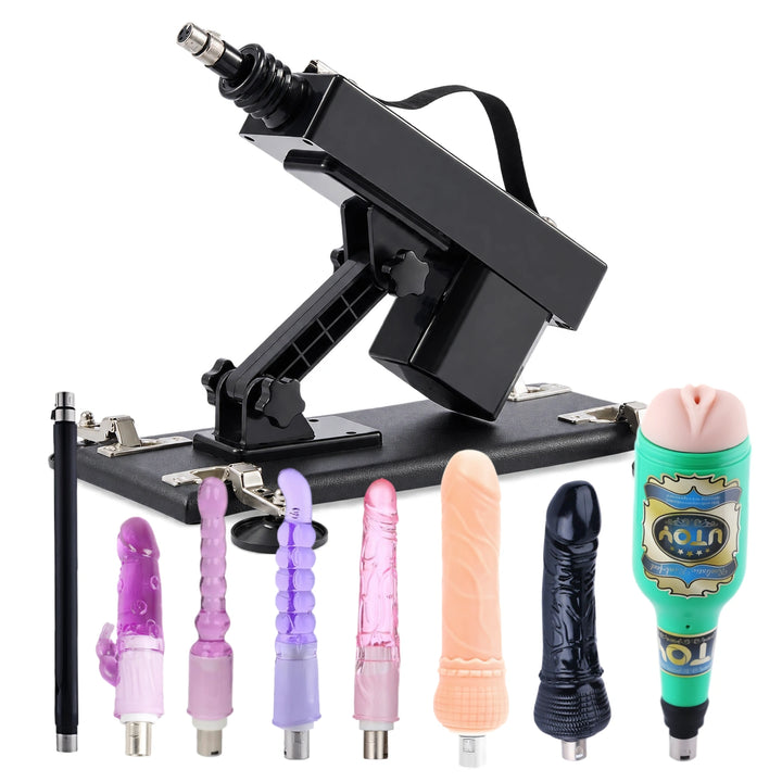 Sexlovey A2 thrusting sex machine with 8 attachments, including male masturbator cup, 4 anal plug attachments, standard dildo, black dildo and extension rod