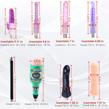 Sexlovey A2 8-attachment size chart showing length and diameter measurements for 4 anal plug attachments, standard dildo, black dildo, male masturbator cup and extension rod