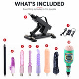 What's included in the Sexlovey A2 sex machine bundle: 1 A2 machine, power controller and 8 attachments, including 4 anal plugs, standard dildo, black dildo, male cup and extension rod