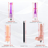 Attachment size chart for Sexlovey A2 thrusting sex machine with two anal plugs, extension rod, standard dildo and flesh-tone testicle dildo
