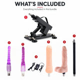 What's included with Sexlovey A2 thrusting sex machine with 5 attachments including two anal plugs, extension rod, standard dildo and flesh-tone testicle dildo