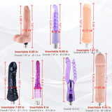 Size chart for the 7 attachments included with the Sexlovey A2 thrusting sex machine, showing dildo and anal attachment dimensions