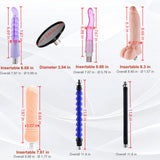 Sexlovey A2 attachment size chart featuring dildo and anal plug measurements and a 3.94-inch suction cup adapter