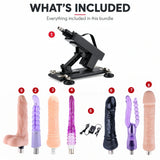 What's included in the Sexlovey A2 sex machine bundle: machine, power controller and 7 attachments, including a double-ended dildo