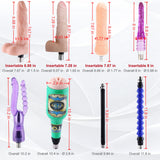 Sexlovey A2 8-attachment size chart showing insertable length, overall length and diameter measurements for dildos, male cup, anal plug and extension rods