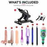 What's included in the Sexlovey A2 bundle: 1 machine, power controller and 8 attachments, including standard dildo, 2 testicle dildos, male cup, 2 extension rods, anal plug and double-ended dildo