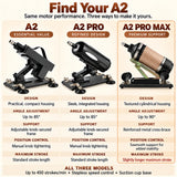 A2, A2 Pro and A2 Pro Max sex machine comparison showing design, adjustable angles, support structure and maximum stroke.
