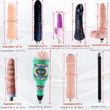 A2 attachment dimensions for six dildo attachments, extension rod, male masturbator cup and anal plug toy