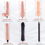 A2 attachment dimensions for four flesh-tone dildos, large black dildo and extension rod