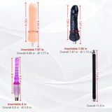 A2 Pro sex machine attachment dimensions showing insertable lengths and overall sizes of two dildos, a purple anal attachment, and an extension rod.
