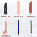 A2 Pro sex machine attachment size chart showing dimensions of four dildo attachments, an 11.8-inch straight extension rod and an 11.8-inch flexible extension rod.
