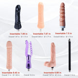 A2 Pro sex machine attachment size chart showing six dildo attachments with their dimensions and an 11.8-inch straight extension rod.