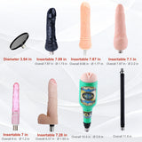A2 Pro sex machine attachment size chart showing dimensions of five dildo attachments, a male masturbator cup, a suction cup adapter and an 11.8-inch extension rod.