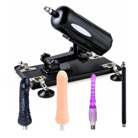Black A2 Pro sex machine with two dildo attachments, a purple anal attachment, and an extension rod.