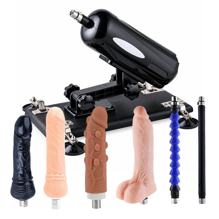 Black A2 Pro sex machine with 6 attachments, including four dildo attachments, a straight extension rod and a flexible extension rod.