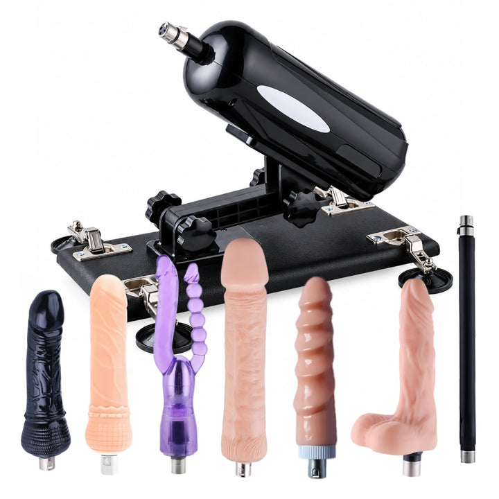 Black A2 Pro sex machine with 7 attachments, including six dildo attachments and a straight extension rod.
