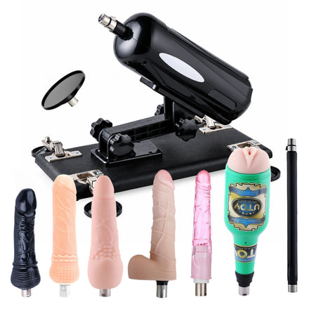 Black A2 Pro sex machine with 8 attachments, including five dildo attachments, a male masturbator cup, a suction cup adapter and an extension rod.