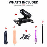What's included in the A2 Pro sex machine bundle: black machine, two dildos, purple anal attachment, extension rod, and wired speed controller.