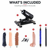 What's included in the A2 Pro sex machine bundle: black A2 Pro machine, four dildo attachments, straight and flexible extension rods, and wired speed controller.