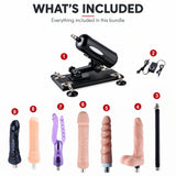 What's included in the A2 Pro sex machine bundle: black A2 Pro machine, wired speed controller, six dildo attachments and one extension rod.