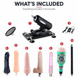 What's included in the A2 Pro sex machine bundle: black A2 Pro machine, wired speed controller, five dildo attachments, male masturbator cup, suction cup adapter and extension rod.