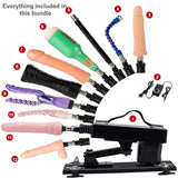 A2 sex machine ultimate bundle with 10 attachments including male masturbators, extension rods, four realistic dildos, anal attachment and dual-entry attachment