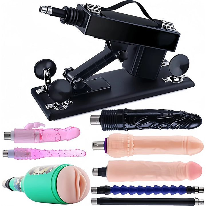 Sexlovey A2 thrusting sex machine with 8 attachments including male masturbator, anal plugs and extension rods