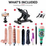 What's included in Sexlovey A2 sex machine bundle with 9 attachments, Bluetooth phone holder and power controller