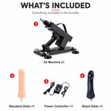 What's included in Sexlovey A2 sex machine bundle with two dildo attachments and power controller