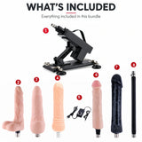 What's included in Sexlovey A2 sex machine bundle with four flesh-tone dildos, large black dildo and extension rod
