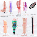 Sexlovey A2 sex machine 9-attachment size chart showing length and diameter measurements for dildos, anal plugs, male cup, suction cup adapter and extension rod
