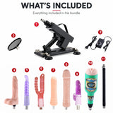 What's included in the Sexlovey A2 sex machine bundle: A2 machine, power controller, suction cup adapter, male cup, standard dildo, large flesh-tone dildo, testicle dildo, 2 anal plugs, double-ended dildo and extension rod