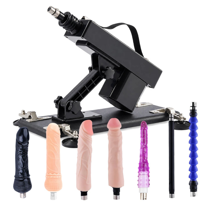 Sexlovey A2 thrusting sex machine with 7 attachments, including 4 dildos, purple anal attachment, straight extension rod and flexible extension rod