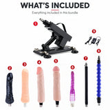 What's included in the Sexlovey A2 sex machine bundle: A2 machine, wired power controller, curved black dildo, standard dildo, 2 flesh-tone dildos, purple anal attachment and 2 extension rods