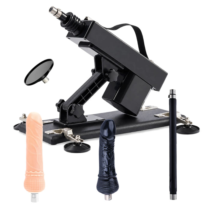 Sexlovey A2 thrusting sex machine with 4 attachments, including standard dildo, curved black dildo, straight extension rod and suction cup adapter