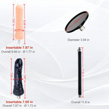 Sexlovey A2 4-attachment size chart showing length and diameter measurements for standard dildo, curved black dildo, straight extension rod and suction cup adapter