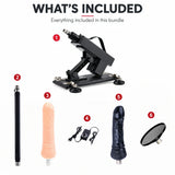 What's included in the Sexlovey A2 sex machine bundle: A2 machine, wired power controller, standard dildo, curved black dildo, straight extension rod and suction cup adapter