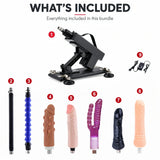 What's included in the Sexlovey A2 sex machine bundle: A2 machine, wired power controller, 5 dildo attachments, straight extension rod and flexible extension rod
